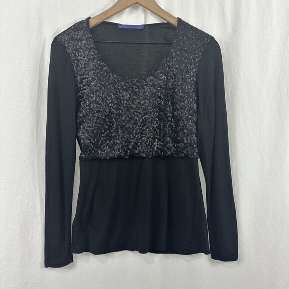 Blue Les Copains Black Sequin Scoop Neck Long Sleeve Top Womens Size 44 Party - Picture 1 of 9